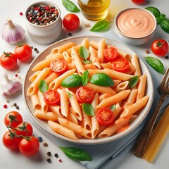 Generative AI  Top view of penne pasta with vibrant tomato sauce and fresh basil leaves on a clean white background.
