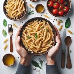 Generative AI  White table showcasing a bowl of pasta adorned with leaves, captured from a top-down angle.