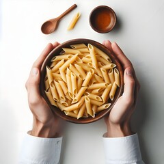 Generative AI  Aerial view of a bowl of pasta with leafy garnish, set against a clean white table background.
