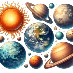 Generative AI  A colorful depiction of the solar system, highlighting the sun and the planets in their respective orbits around it.
