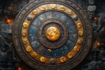 Fototapeta premium A Wheel of Fortune with segments depicting the phases of the moon, spinning in a night sky,