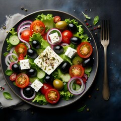 Generative AI  Top view of a Greek salad on a black plate, showcasing feta cheese, olives, tomatoes, and spinach in a colorful arrangement.