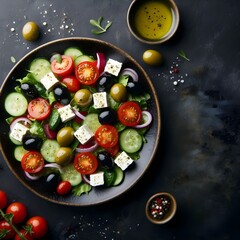 Generative AI  A black plate holds a vibrant Greek salad with feta cheese, olives, tomatoes, and fresh spinach, viewed from above.