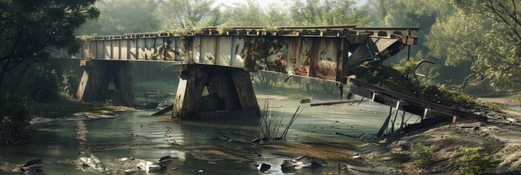A bridge is shown in a watery environment with a lot of vegetation growing on it
