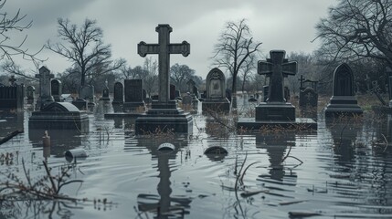 A cemetery with a pond in the middle