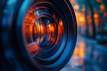 An abstract representation of a camera lens with mirrored surfaces, creating an infinite loop of reflections,