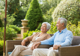 Senior couple sitting and enjoying luxurious and relaxing getaway for elderly individuals seeking comfort and convenience.