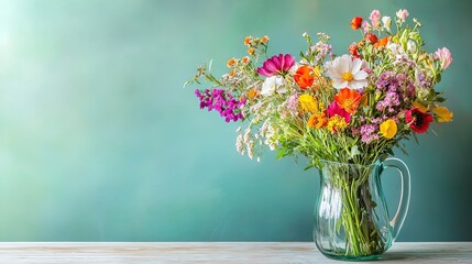 Charming Wildflower Arrangement in Rustic Glass Pitcher: Perfect Poster Decor for a Light and Fresh Mint Green Wall Interior