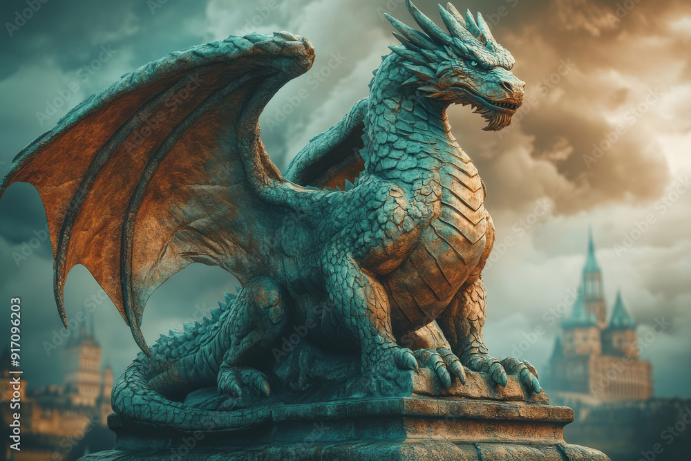 Wall mural a statue of a dragon, its wings outstretched, watching over the vale with a fierce, protective gaze,