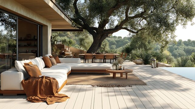 a modern outside deck terrace built beside a large oak tree. The decking is made of wpc boards, the boards are beige, we can see a nice wood grain texture. The decking is made of plastic. There is a