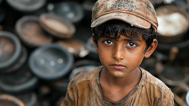 Young poor boy in worn clothes amid discarded materials in an urban dump looking sadly at the camera