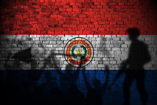 paraguay flag painting on brick wall and Protesters shadow