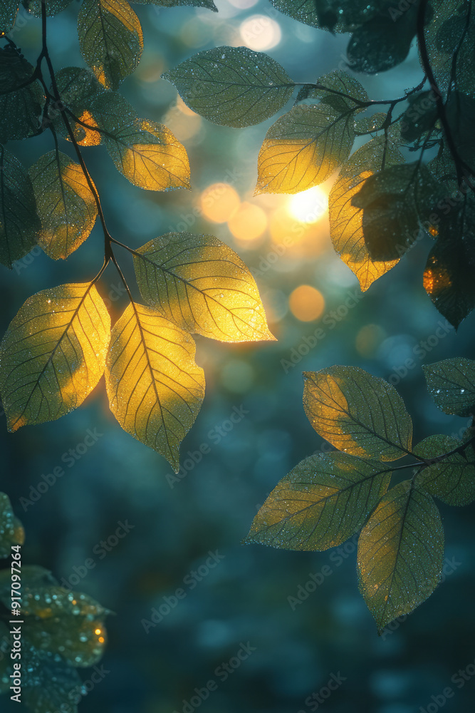 Poster an abstract representation of a forest at dusk, where the fading light turns every leaf and branch i