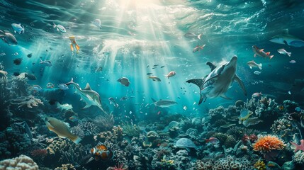 A beautiful underwater scene with many fish swimming around
