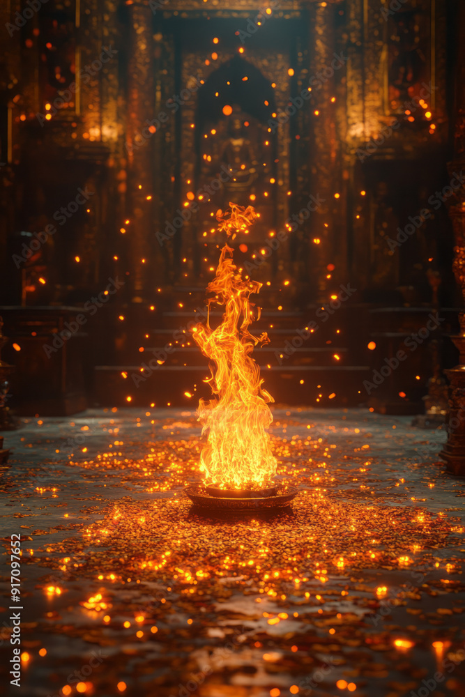 Poster a mystical forest where the embers released by a dying fire transform into fireflies, each carrying 