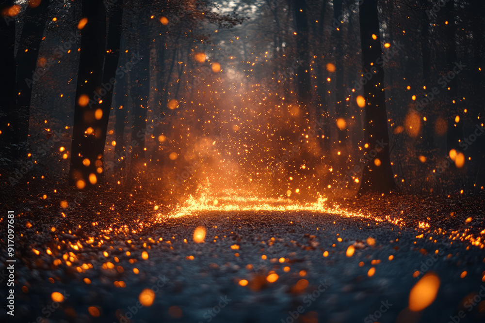 Poster a mystical forest where the embers released by a dying fire transform into fireflies, each carrying 