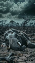 Fototapeta premium A baby elephant is laying in the dirt next to a body of water