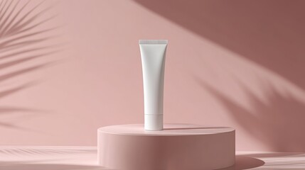 White cosmetic tube on pink pedestal with