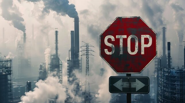 A stop sign is lit up in a city with a lot of smoke and pollution