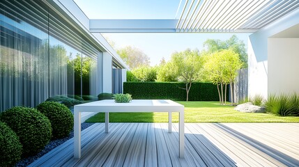 American modern courtyard, white table, green grass, wooden floor, fence, small green plants, vista: House, modern style scene, SONY camera shot