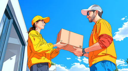 Two delivery workers exchange a package outdoors, showcasing teamwork and service under a bright, sunny sky.