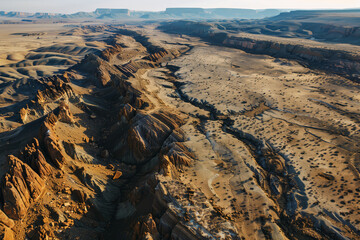 Aerial view of a massive tectonic fault line cutting through a barren desert landscape, with jagged rocks and deep crevices highlighting the power of geological forces.