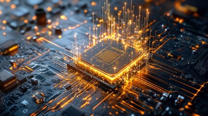 A concept of quantum computing chips, glowing with energy in a dark, futuristic setting