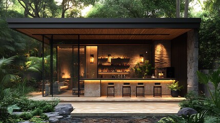 Masterpiece natural achitectural, super realistic and modern interior design in a garden, marble quarries to form a U shape bar, trendy and stylish bar stools, black metal structure, flooring beige