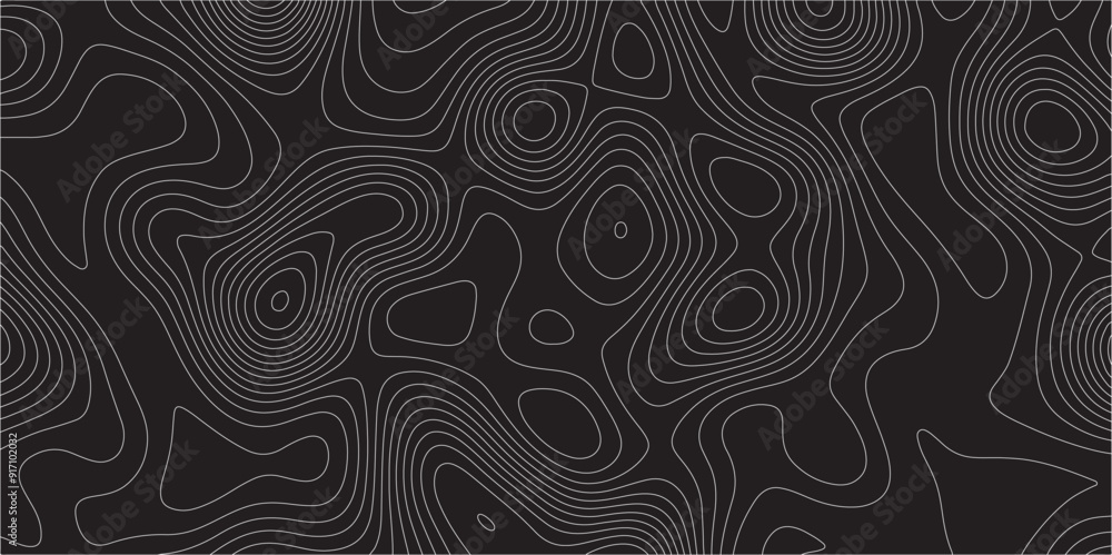 Poster Abstract white on black background Topographic line map pattern. Contour elevation topographic and textured Background Modern design with black background with topographic wavy patted.	