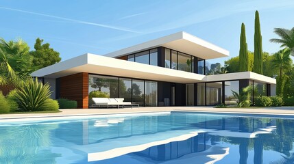 Fototapeta premium A modern villa with a pool and clear space for branding or text