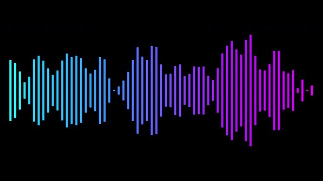 Blue and purple gradient sound waves or audio waveform on black. Music, sound, voice recording, and soundtrack visualization. Sound wave equalizer and audio waveform spectrum motion. Music line graph.