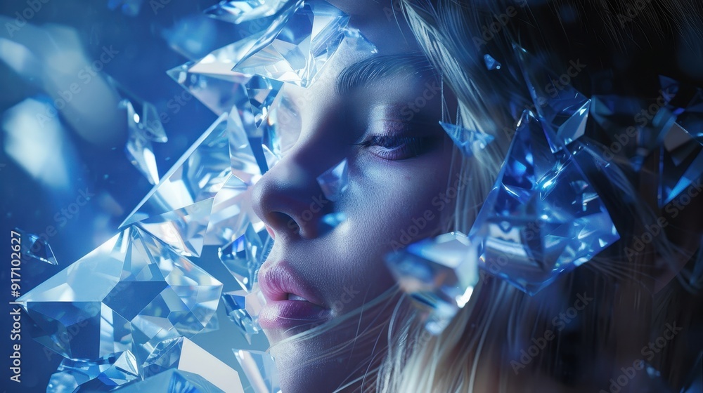 Poster woman with a face partially obscured by shards of blue crystal, creating a surreal and artistic effe