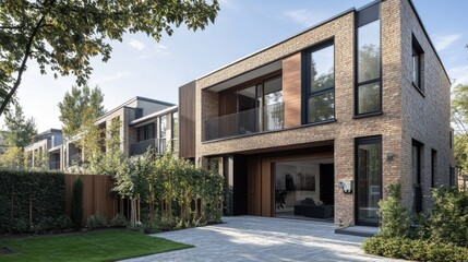 Fototapeta premium A stylish urban townhouse with a minimalist exterior and space for copy