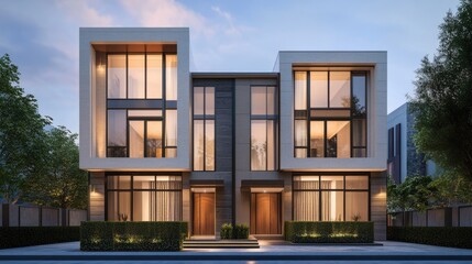 Fototapeta premium A stylish urban townhouse with a minimalist exterior and space for copy