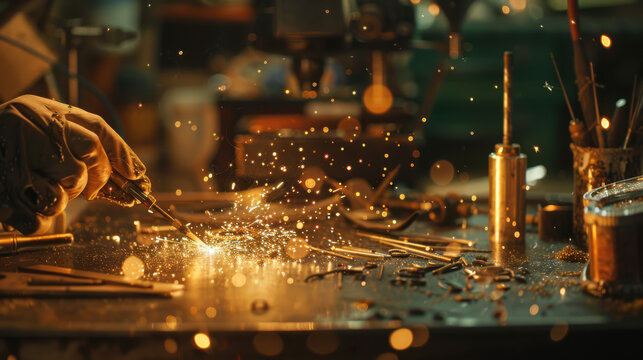 A close-up shot of a jeweler soldering a piece of jewelry, tiny sparks and precise movements