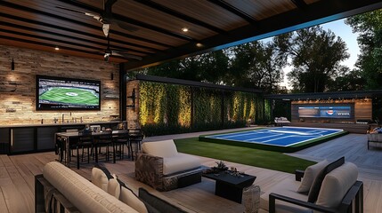 An aesthetic modern outdoor man cave with a sports theme