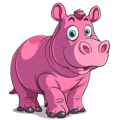 Fototapeta premium A cheerful cartoon hippo with a pink body and big blue eyes, standing playfully on four legs.