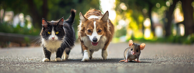 Unlikely companions - a cat, dog, and mouse strolling together, their unexpected camaraderie defying natural instincts. Three amigos.