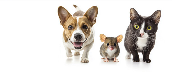 Obraz premium Unlikely companions - a cat, dog, and mouse together, their unexpected camaraderie defying natural instincts. Three amigos. White background.