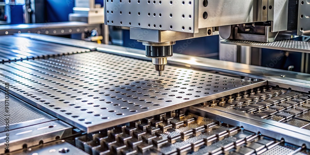 Poster Close-up of a high-tech automated machine using precision punches to craft consistent patterns in metal sheets, focusing on industrial precision