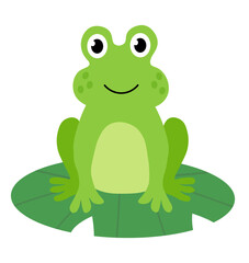 Cute frog sit on water lily leaf. Children Hand drawn vector flat illustration.