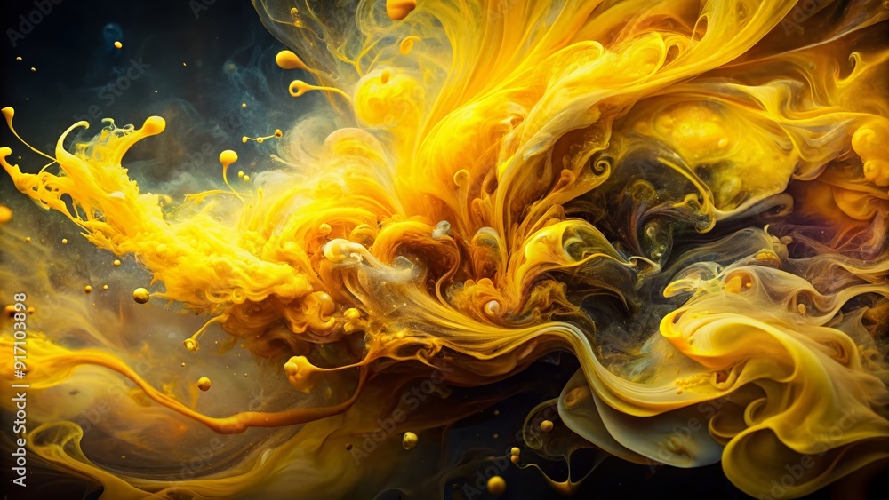Poster vibrant yellow alcohol ink splash creates a mesmerizing abstract texture with intricate swirls, flui