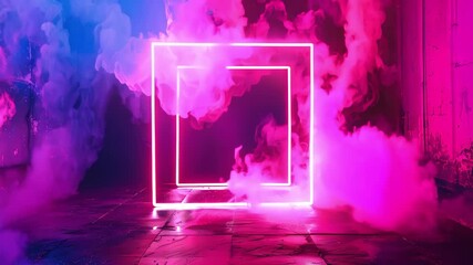 3d animation of neon magenta light squares with blue-purple smoke floating in a room