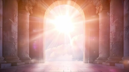 Abstract 3d animated fantasy scene of sunlight coming inside a temple from arch gate with columns
