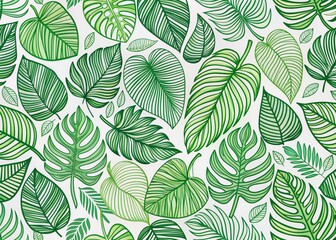 Vibrant green foliage line art vector on a crisp white background, featuring a stylized tropical leaf pattern in a whimsical hand-drawn design, ideal for fabric prints.