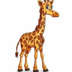 Fototapeta premium Cartoon giraffe with large eyes and cheerful expression, standing on a white background.