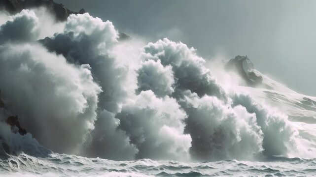 3d animation fantasy scene of avalanche in a gorge against cloudy sky