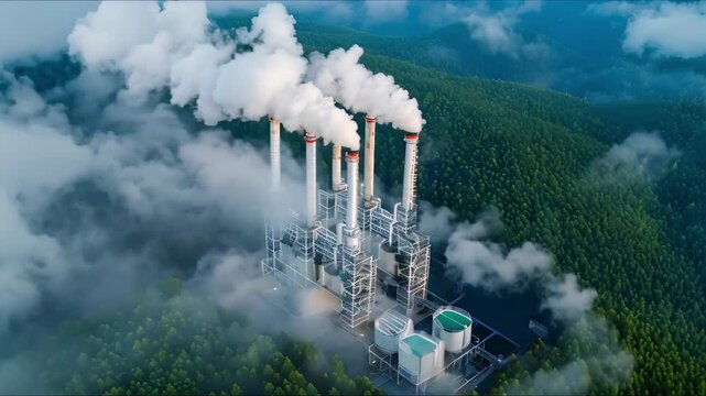 Drone view of CCS facility capturing CO2 emissions from industrial processes and power plants