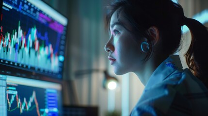 Businesswoman using AI-powered tools for stock analysis, intelligent finance