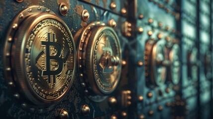Fototapeta premium Cryptocurrency vault with digital locks, secure storage